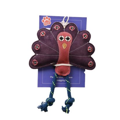 Front View of Peacock Shaped Leather Dog Toy