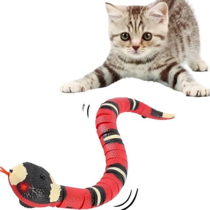 A cute kitten playing with Smart Sensing Slithering Snake Toy